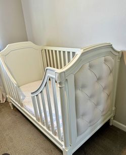 Pottery Barn “Blythe” upholstered crib with toddler conversion kit