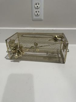 Vintage Metal Tissue Holder , Gold Metal Mesh Kleenex Box Cover With Metal Leaves and Flowers