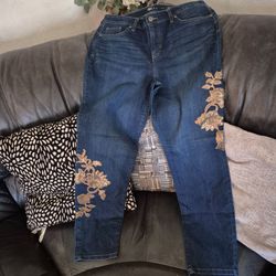 Curvy Skinny leg gold Sequin floral jeans For Women Size 12