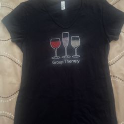 New Black Therapy T Shirt With Bling Wine Glasses