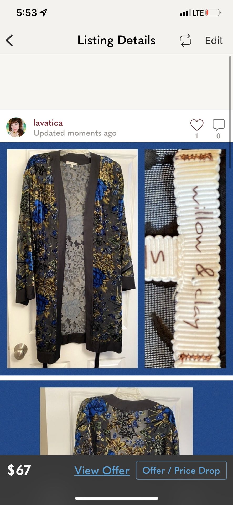 Beautiful Willow and clay bohemian velvet floral sheer robe kimono in size s/m