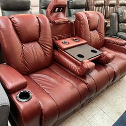 Red Top Grain Leather Dual Power Recliner Sofa With Drop Down Console - We Deliver & Finance 