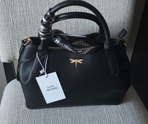 NWT Black Faux Leather Dragonfly Satchel Top Handle Bag with Scarf Accent