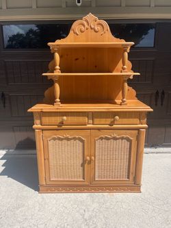 Lexington Pine Wood Hutch Cabinet with Wicker Panels