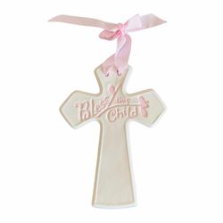 CR Gibson Girl Nursery Cross Wall Decor Ceramic Bless Child Pink Ribbon 7.5 Inch