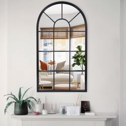 Arched Window Mirror Black Metal Frame Wall Mounted Decorative Mirror Windowpane Decoration For Living Room 20" X 32" 20''*32''
