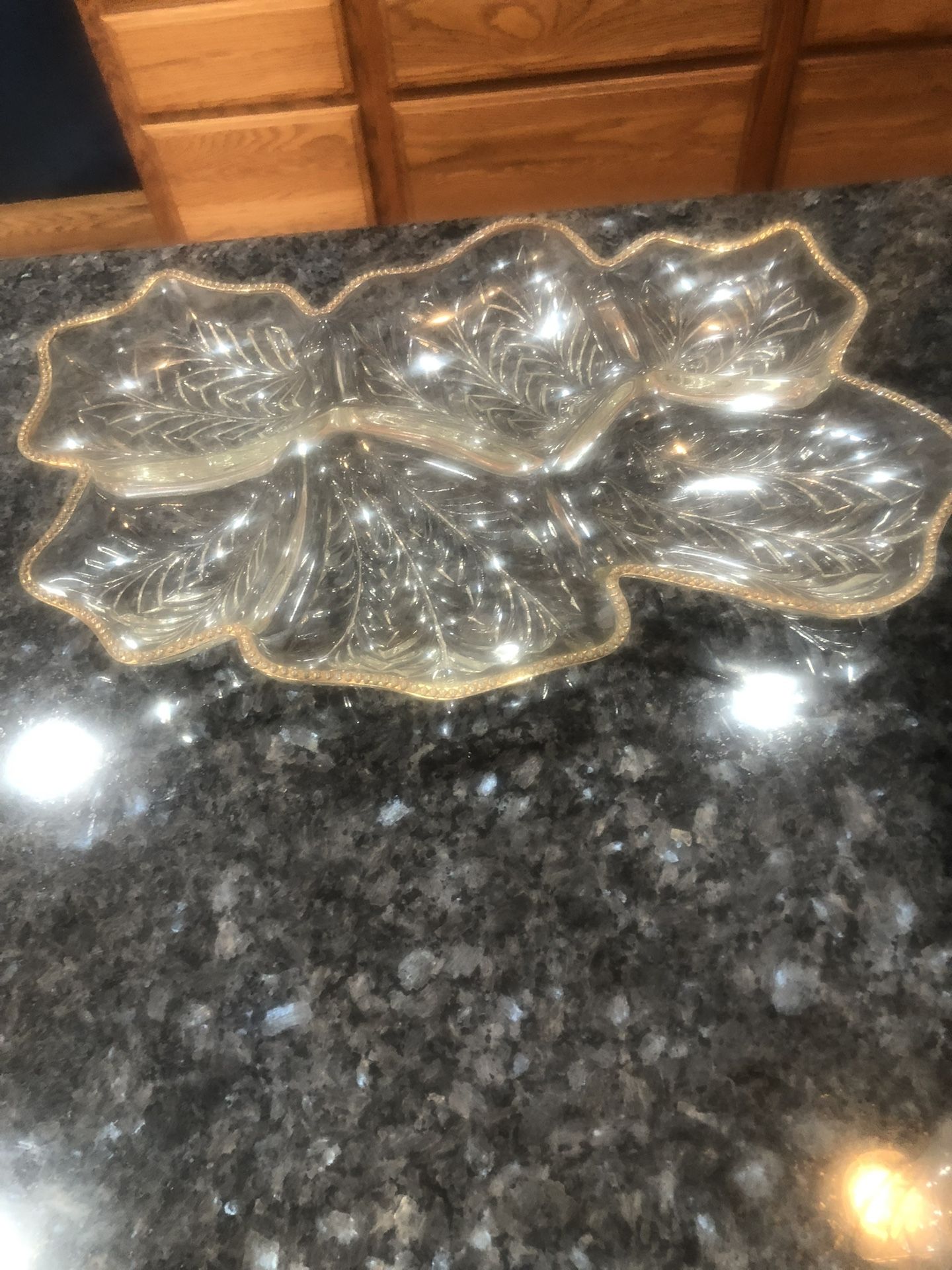 Vintage Large Glass Dish / Tray / Serving Tray. Design Oak leaf. Size 15 inches by 10 inches. Preowned no cracks or chips. Has been on display in