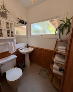 Sink, toilet, mirror, and cabinet