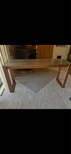 Vintage Solid Oak Console Sofa Table with Glass Top