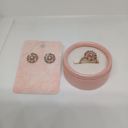 Set S925 Rose Gold Plated Blue Topaz Stud Earings Ring Size 7.5US