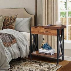 New Single Rustic Brown Side Table With Charging Station