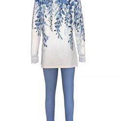 Blue White Two-piece Set Crew Neck Top & Skinny Pants Legging Outfit Large