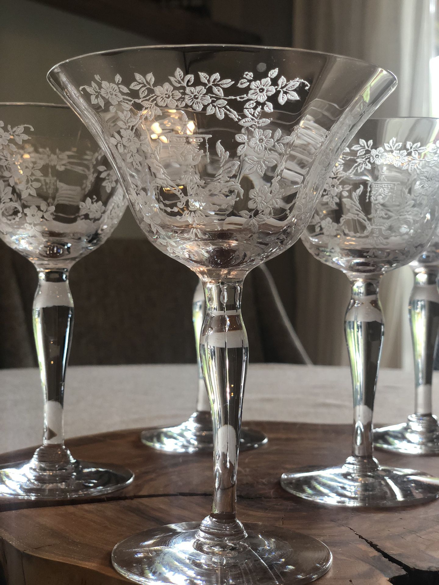 Rare vintage Morgantown Mikado etched crystal liquor cocktail glasses