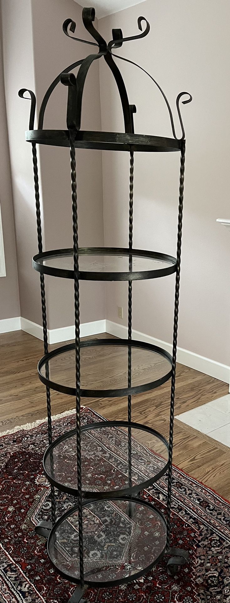 Black Wrought Iron Twisted Legs With Four Round Glass Shelves