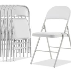 Folding Chairs with Padded Seats, Metal Frame with Pu Leather Seat & Back, Capacity 350 lbs, White, Set of 6