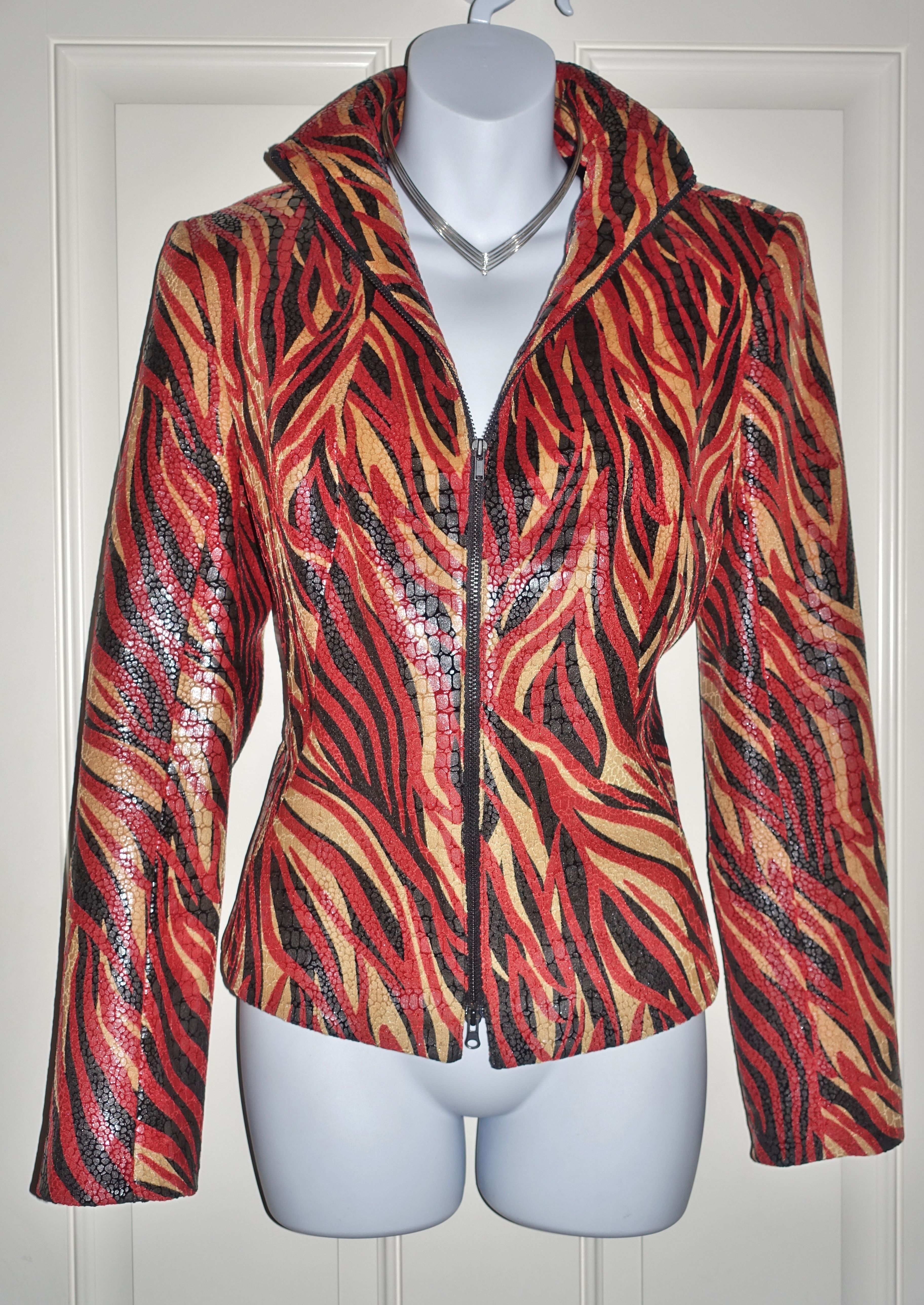 (FREE DELIVERY) "Cache" black/red/yellow fire flames snake-print motorcycle biker jacket (size S)