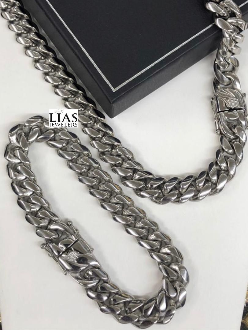 New 18k White Gold Cuban Link Chain And Bracelet