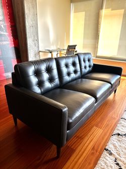 Like new! Bluish black Leather Tufted 3-Seat Sofa
