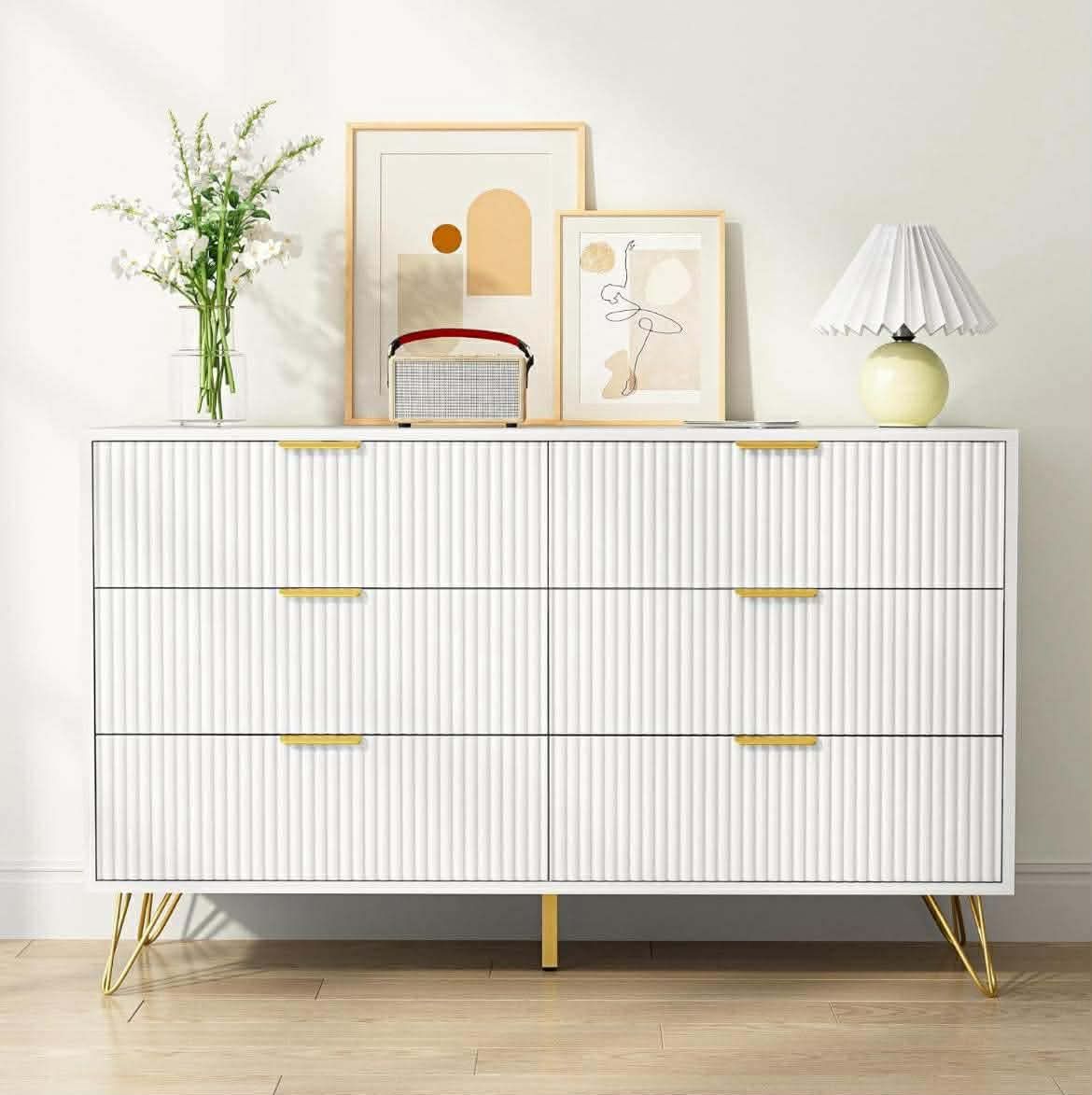 White 6 Drawer Dresser with Golden Handle, Fluted Wood Dressers, Modern Chest for Bedroom, Living Room, Hallway, Entryway