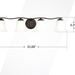 Vanity Light, New In Box - 4 Lights, Bronze, About 32” Long X 6.25” High, Satin Etched Glass Shades