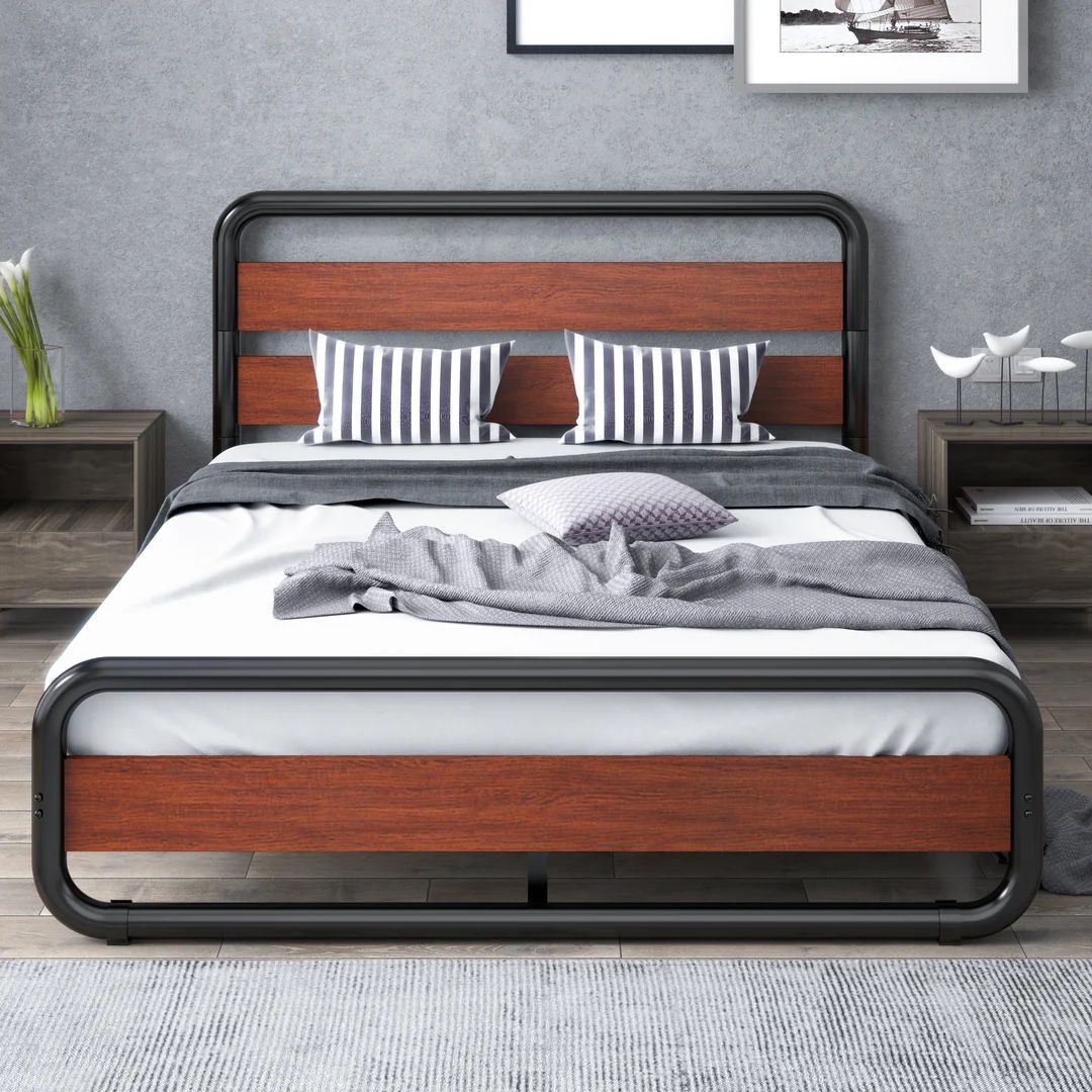 King Metal Bed Frame with Wooden Headboard & Footboard