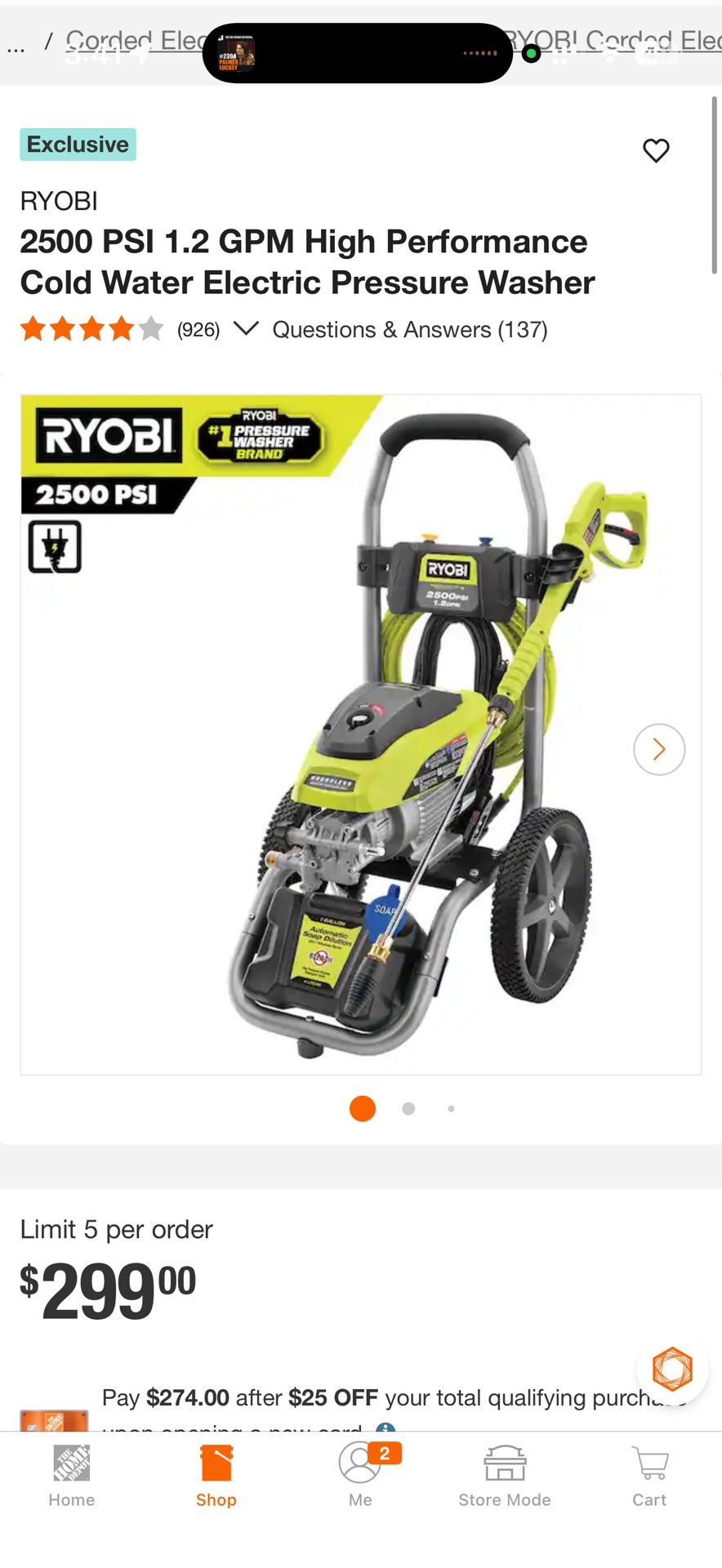 Ryobi 2900 Psi Pressure Washer