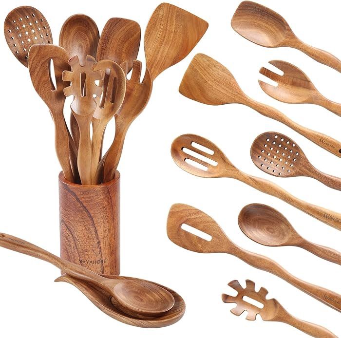 Wooden Spoons for Cooking with Holder