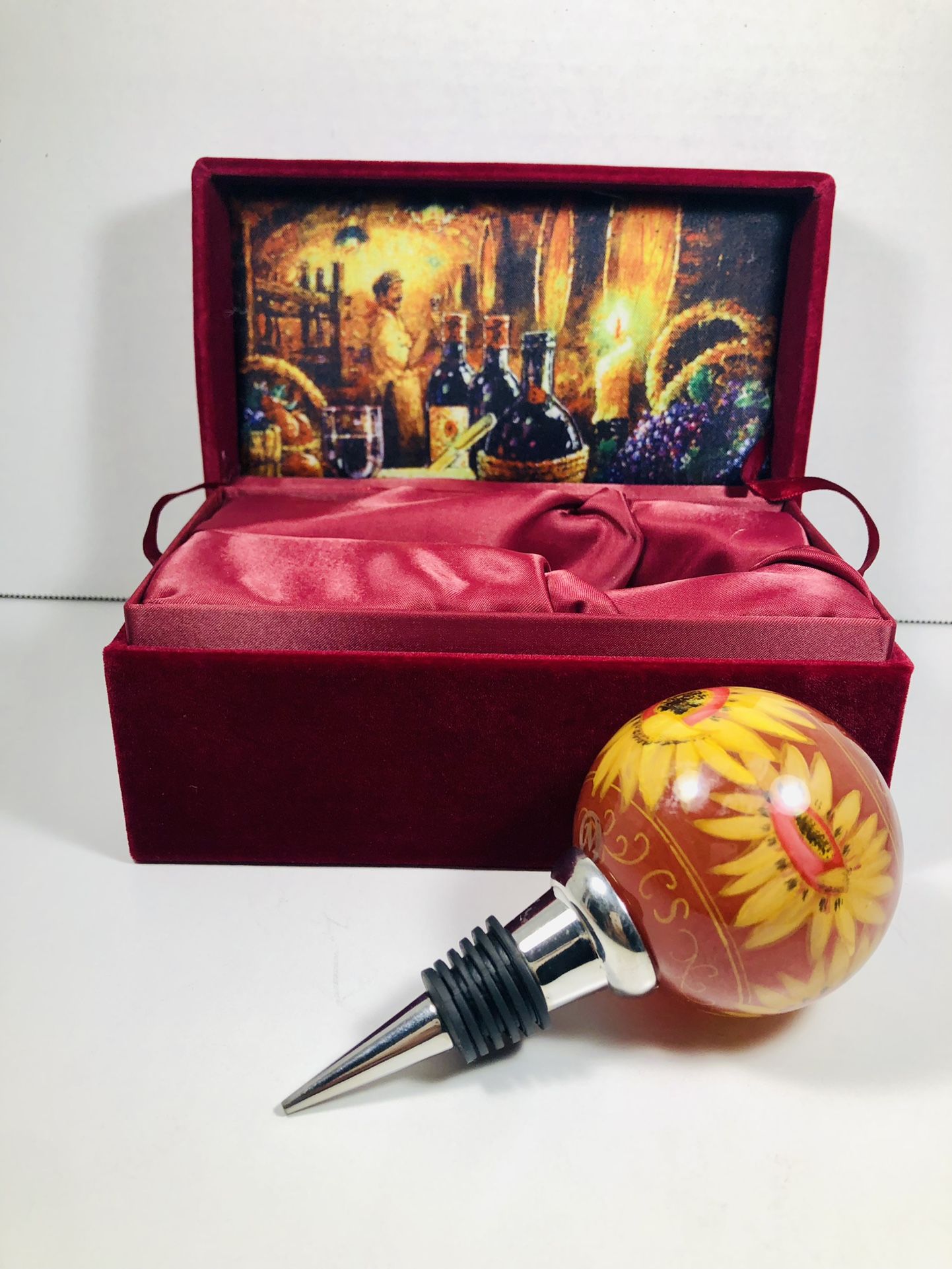 NE’ Wes ART "D'LIGHT'FUL" WINE CORK STOPPER Hand Painted Flowers In Original Box. In original red velvet box RARE DESIGN