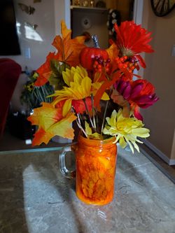 5 inch alcohol ink on jelly jar, orange/brown