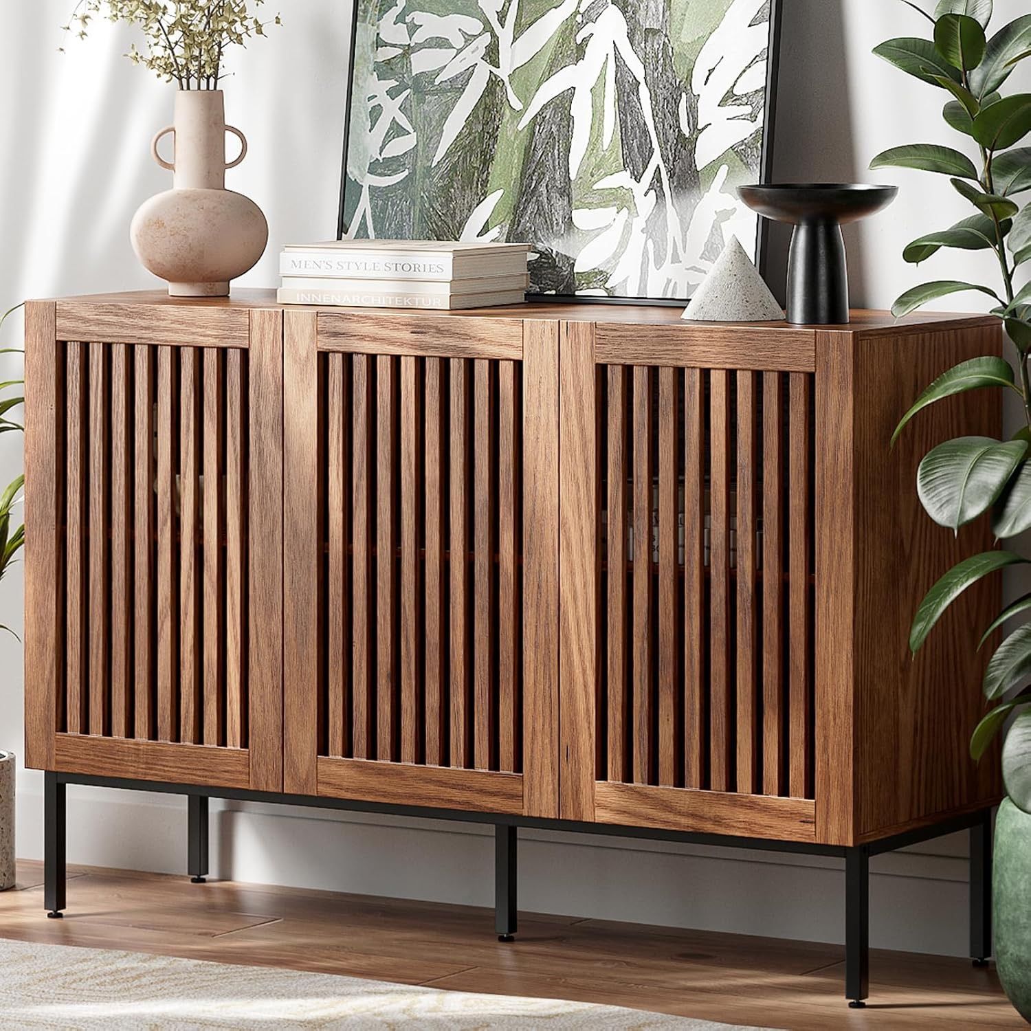 Storage Cabinet,47.2" Farmhouse Buffet Cabinet with Metal Base and Adjustable Shelves,Sideboard Coffee Bar with 3 Doors for Kitchen,Dining Room,Living