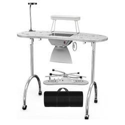 Paddie Portable & Foldable Manicure Nail Table with Built-in Dust Collector, 360°Rolling Wheels, USB-Plug LED Table Lamp, Wrist Rest, Carry Bag for Ho