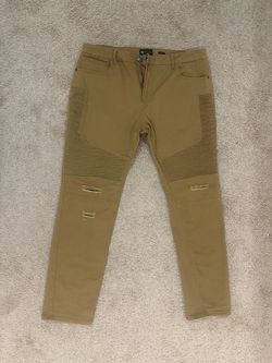Men’s WAIMEA Tan Skinny Moto Biker Jeans – Size 38 – Distressed