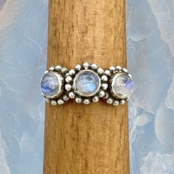 Handcrafted Genuine Rainbow Moonstone & Solid Sterling Silver Ring - Sz 10