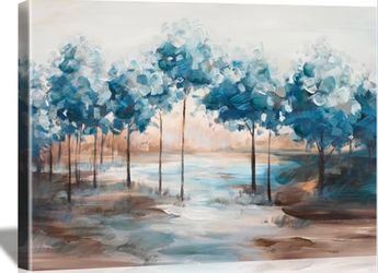 New 20*28” Framed Serene Forest Decor, Canvas Wall Art in Misty Blue &Beige Textured