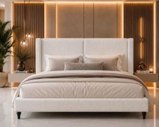 ✨ Restoration Hardware Inspired Bouclé King Bed – Luxury Wingback Upholstered Frame ✨white
