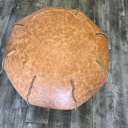 Brown Leather Pouf Ottoman – Modern Floor Cushion / Foot Stool