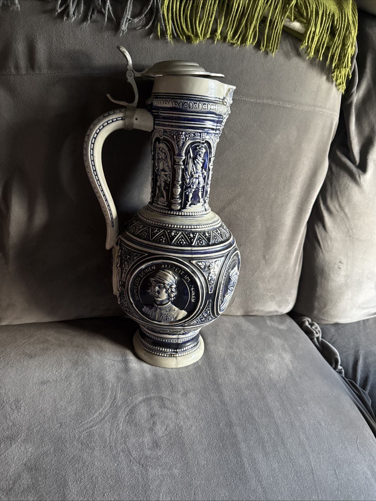 West Germany 13" Gerzit Salt Glazed Cobalt Blue Stoneware Jug/Pitcher w/Handle