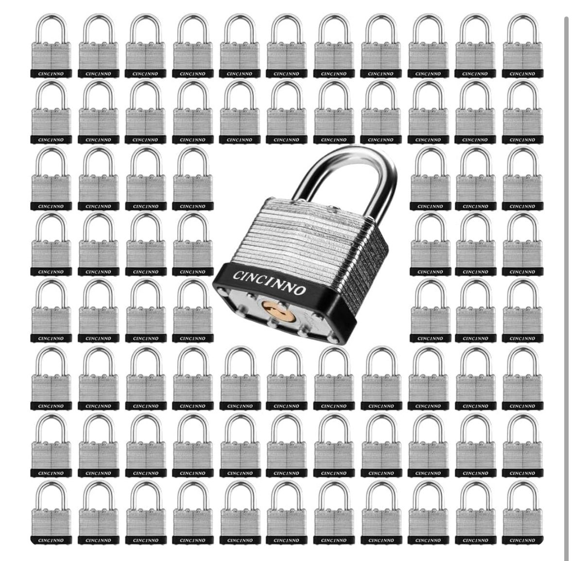 Padlock with Key,CINCINNO 1-9/16" Wide Laminated Steel Locks with Keys, Multiple Padlocks with Same Key for Gates, Fences, Sheds, Garages,72 Pack Shor