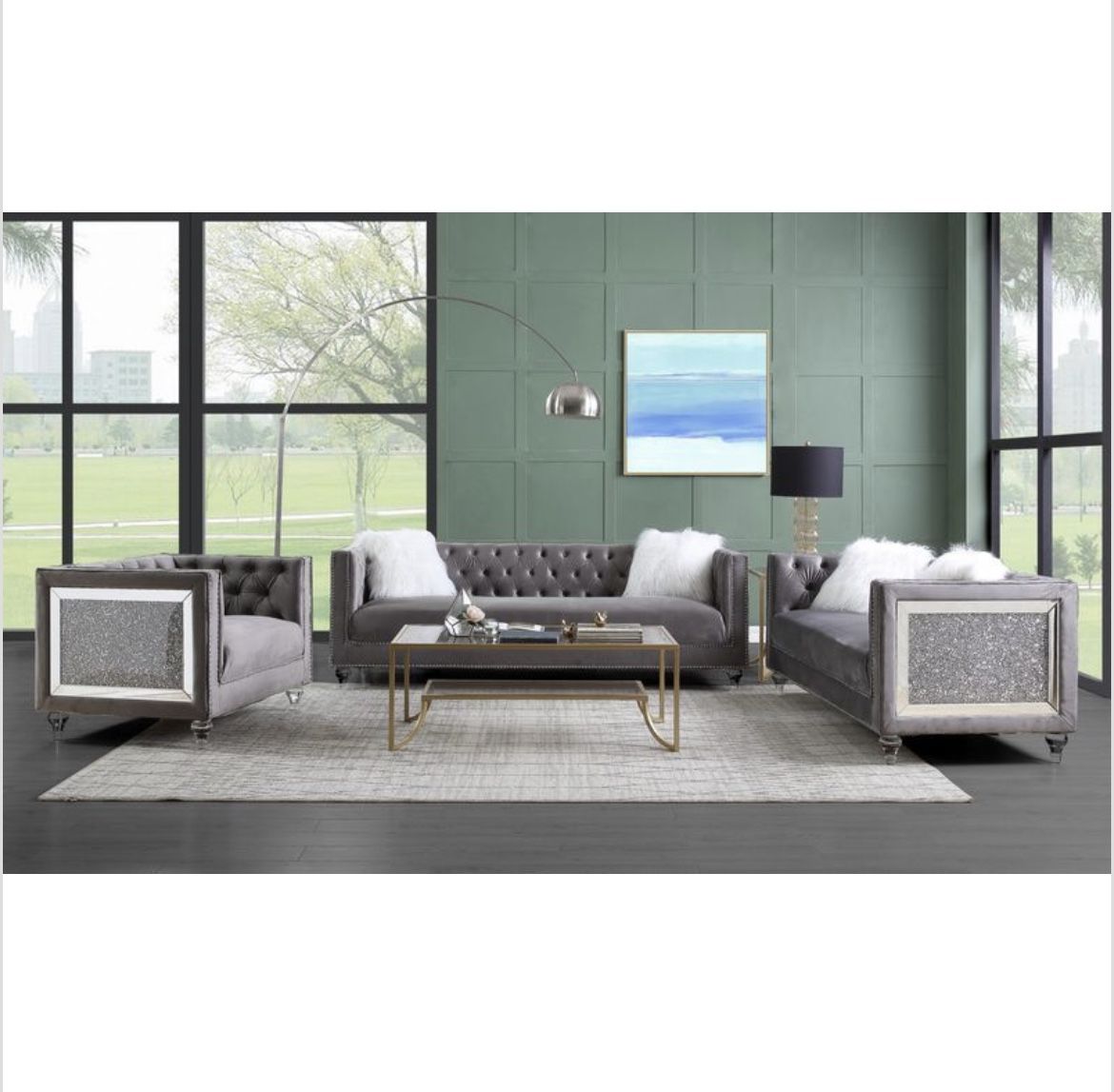 Grey Velvet Sofa Loveseat Chair Set Nailhead Trim Accent Acrylic Legs Mirrored And Faux Crystal Accent Embedded To Sides Brand New In Box $2660