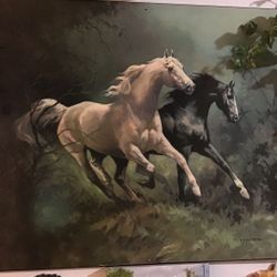 Vintage P Fullerton Running Horses On Solid Wood Decoupage Art 20x28 Execellet Condition 