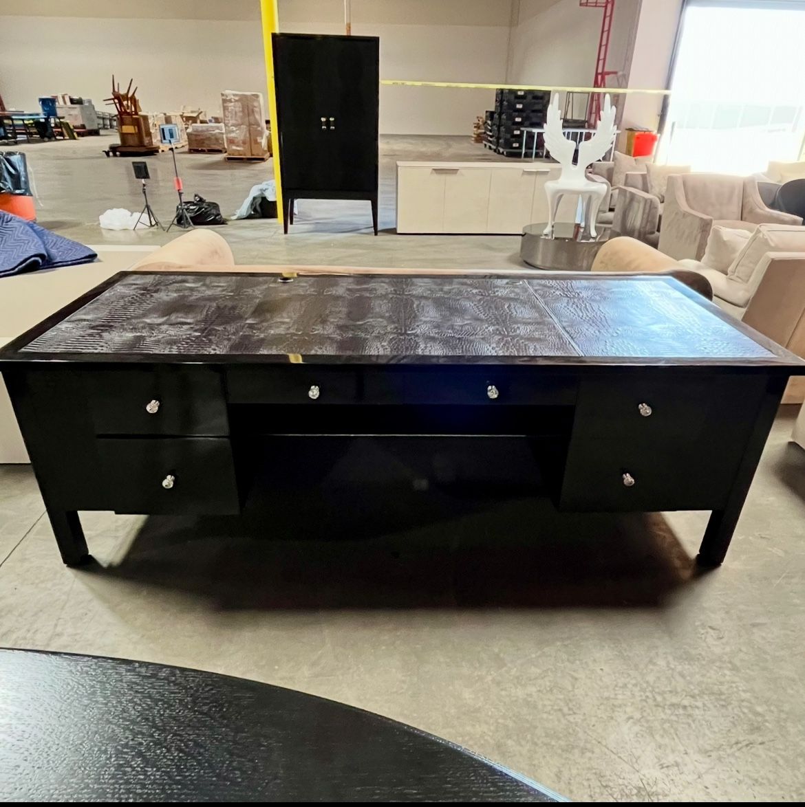 Black Lacquer Executive Desk with Crocodile Leather And Crystal Drawer Pulls