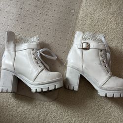 Women's Platform White Ankle Boots with Lace Chunky High Heel Winter Combat Size 9