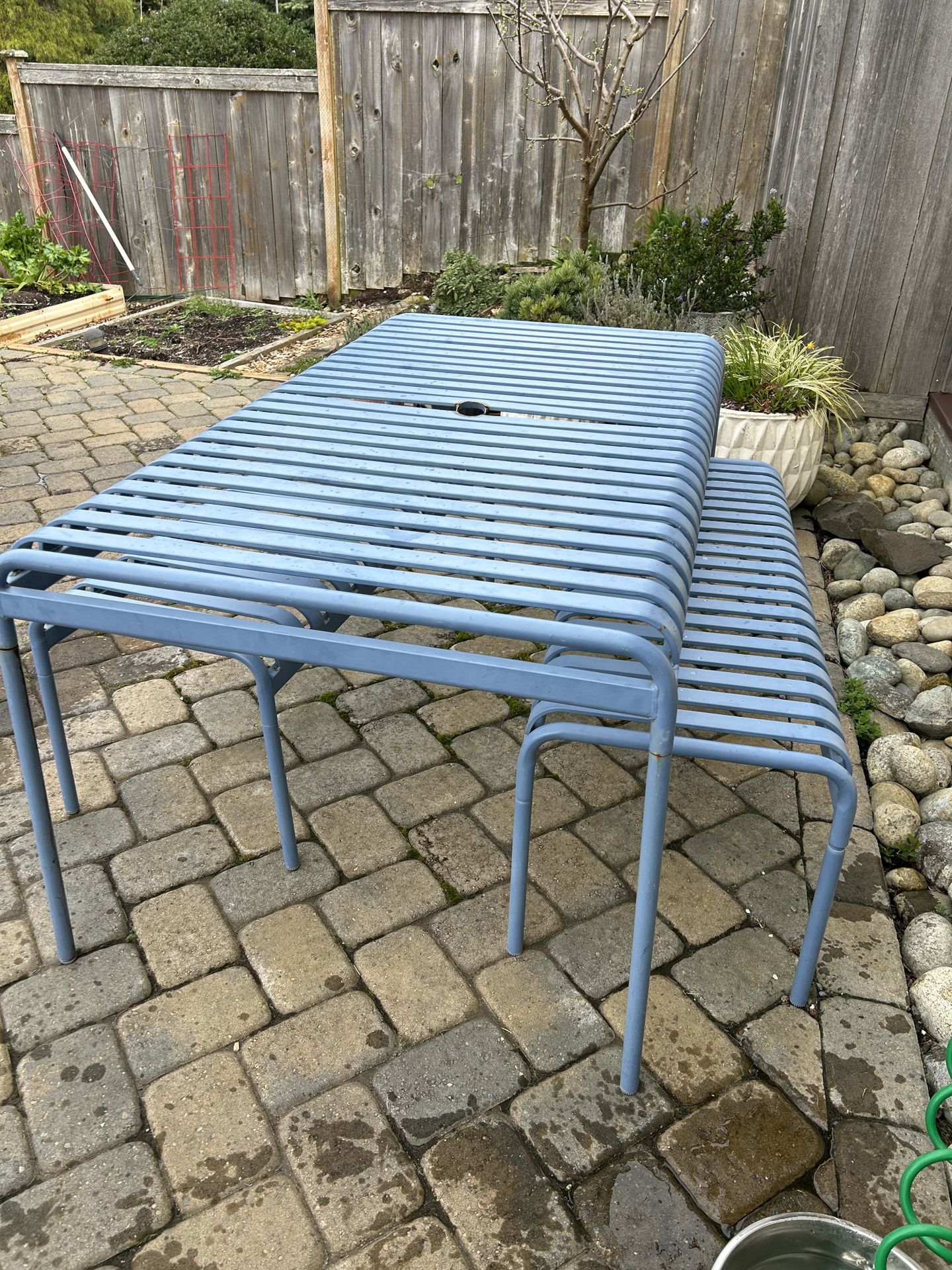 French blue outdoor table and bench set