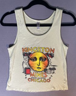 Iconic souvenir tank from the famous Kingston Mines Chicago Blues Center at 2548 N. Halsted. Features a striking celestial sun and musical instrument