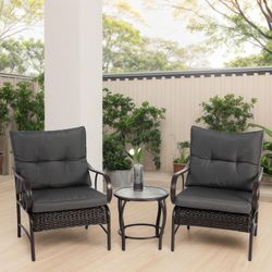 3 Pieces Patio Furniture Set, Outdoor Wicker Furniture Set, All-Weather Steel Frame with Removable Cushions & Glass Top Table for Garden, Poolside, Ba