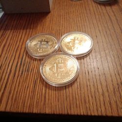Set Of Three Golden Commemorative Bitcoins