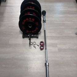 Barbell With 10 & 15lb Plates With Storage Stand, Landmine Attachment And Clips