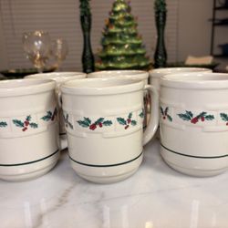 🎄 6 Longaberger Pottery Christmas Holiday Holly Berry Woven Traditions Coffee Mug ☕️ 