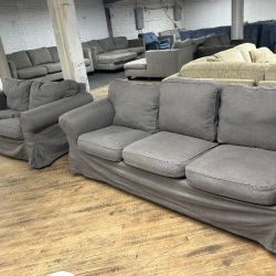 Delivery available gray slipcover sofa loveseat couch set