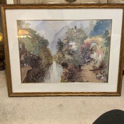 Framed Landscape Watercolor Print Gold Frame